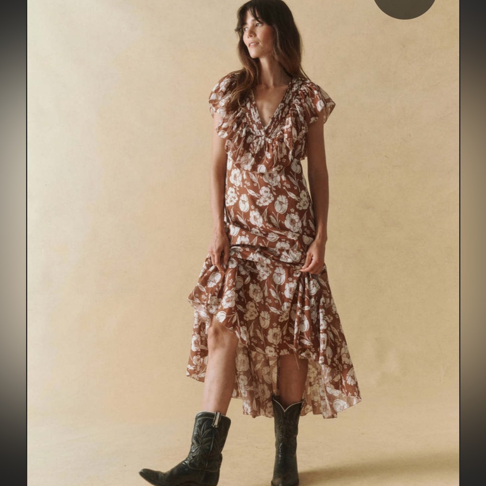 THE GREAT. Brown Floral Maxi Dress